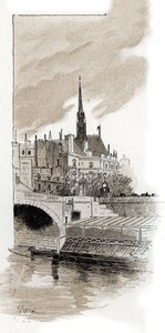 Kilátás a Sainte Chapelle-re a Szent Michel-hídról, Párizs (A Sainte-Chapelle látképe a Szent Michel-hídról, Párizs) Gustave Fraipont (1849-1923) rajza Saint-Juirs „La seine a travers Paris” című művéből rajzol