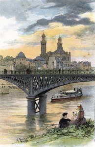 Kilátás a párizsi Passy gyaloghídjára (ma Bir Hakeim hídja) Gustave Fraipont (1849-1923) rajza Saint-Juirs-ból