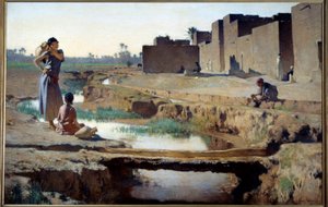Orientalizmus: "" La Seguia Biskra közelében""" Nő és gyermek vizet vesz a folyónál az algériai sivatag egyik oázisában. Gustave Achille Guillaumet (1840-1887) festménye 1884 V. 1x1,5 m Párizs, Muse d