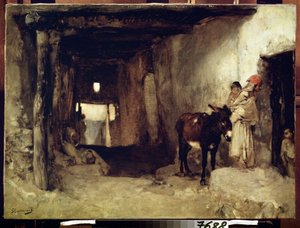 Orientalizmus: ""A house in the Sahara"" (A House in the Sahara) Egy nő és gyermeke egy szamár kíséretében. Gustave Guillaumet (1840-1887) festménye 1880 körül Puskin Múzeum, Moszkva