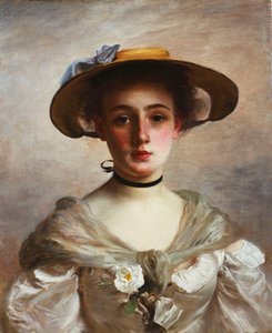 Fiatal lány portréja szalmakalapban, alkotó: Gustave Jacquet
