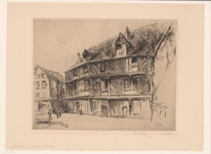 Utca házakkal és sétálókkal Chartre-ban La maison du saumon (Chartres) (cím a tárgyon) alkotó: Gustave Leheutre (signed by artist)