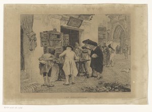 A férfiak egy könyvkereskedő kirakata körül gyűltek össze Les Bibliophiles (cím a tárgyon) alkotó: Gustave Marie Greux