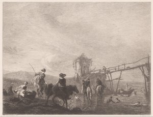 Pihenő és úszó figurák a parton Die pferdetränke (cím a tárgyon) alkotó: Gustave Marie Greux