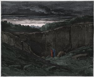 Inferno, 3. ének: Vergilius és Dante a pokol kapujában, illusztráció Dante Alighieri Isteni színjátékából, 1885 (digitálisan színes metszet) alkotó: Gustave after Dore