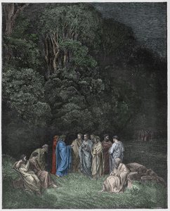 Inferno, 4. ének: Homérosz, a költők és hősök Limbóban, illusztráció Dante Alighieri Isteni színjátékából, 1885 (digitálisan színes metszet)