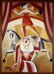 Circus III Egy akrobata Ecuyere egyensúlyban egy lovon és egy bohóc a cirkuszi pályán ad műsort. Gustave de Smet (1877-1943) festménye 1926 V. 1,3x1,1 m Grenoble, Musee des Beaux Arts Figyelem! A mű felhasználása harmadik fél engedélyéhez kötött