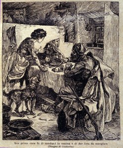 Az első gondja az volt, hogy kivigye őket a konyhába és megetesse őket... Illusztráció az új „” Colombáról”, amelyet Prosper Merimee írt. Gustavino (Gustavo Rosso) metszete (1881-1950), 1915 körül alkotó: Gustavo Gustavino Rosso