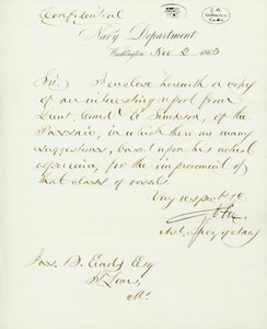 Levél aláírva G.V. Fox, Washington haditengerészeti osztálya, Jas -hoz. B. Eads [James B. Eads], St. Louis, Mo., 1863. november 2 alkotó: Gustavus Vasa Fox