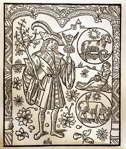 Pásztornaptár - A hónapok munkája - április - Fametszet a Guy Marchant (Guido Mercator) által Troyes-ban nyomtatott 1496-os könyvből - Fametszet a „Le grand Calendrier et compost des shepherds”-ben -