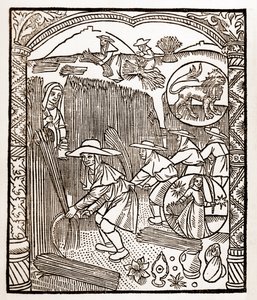 Pásztornaptár - A hónapok munkája - augusztus - Fametszet a Guy Marchant (Guido Mercator) által Troyes-ban nyomtatott 1496-os könyvből - Fametszet a „Le grand Calendrier et compost des shepherds”-ben -