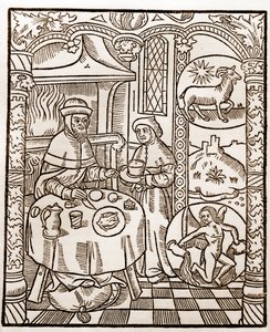 Pásztornaptár – A hónapok munkája – január – Guy Marchant (Guido Mercator) által Troyes-ban nyomtatott 1496-os könyvből fametszet – Fametszet a „Le grand Calendrier et compost des shepherds”-ben –