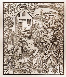 Pásztornaptár – A hónapok munkája – június – Guy Marchant (Guido Mercator) által Troyes-ban nyomtatott 1496-os könyvből fametszet – Fametszet a „Le grand Calendrier et compost des shepherds”-ben”