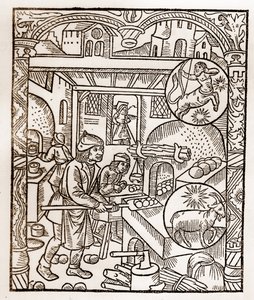 Pásztornaptár – A hónapok munkája – november – Guy Marchant (Guido Mercator) által Troyes-ban nyomtatott 1496-os könyvből fametszet – Fametszet a „” Le grand Calendrier et compost des shepherds”-ben” – Kenyérsütő