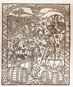 Pásztornaptár - A hónapok munkássága - október - Fametszet a Guy Marchant (Guido Mercator) által Troyes-ban nyomtatott 1496-os könyvből - Fametszet a "" Le grand Calendrier et compost des shepherds" -ben" - A betakarítás - és a állatöv: a