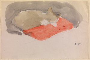Vörös párnán alvó macska (guache és ceruza papíron) alkotó: Gwen John