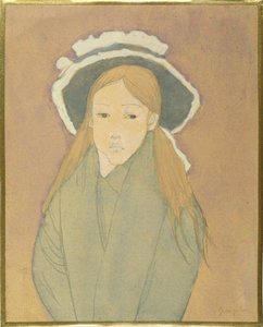 Lány nagy sapkával és szalmaszínű hajjal, 1910-es évek (wc, gouache és grafit papíron)
