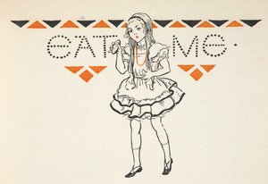 Alice illusztrációja egy kis tortával, rajta az "Eat Me" felirat.