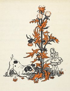 Zsugorított Alice és a kiskutya egy óriási gyűszűvirág mellett. alkotó: Gwynedd M. Hudson