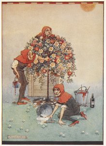 A Szív Királynője kertészei az Alice Csodaországban rózsáit fehérről pirosra festik
