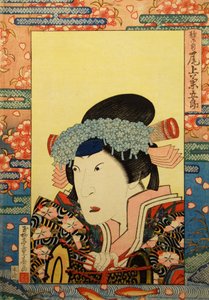 Kabuki színész, Onoe Kikugorô III mint Shizuka Gozen, 1830. alkotó: Gyokuryutei Shigeharu