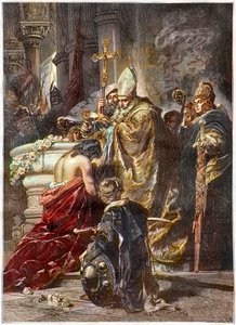 Szent István megkeresztelkedése (c970-1038), Szent és Magyarország első királya - prágai Adalbert keresztelte meg Benczur Gyula munkája után - Vajk magyar fejedelmet Prágai Szent Adalbert kereszteli meg, és felveszi István nevét (Szent). István I. Ki