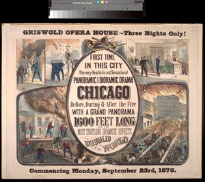 Reklám egy panoráma és diorámás drámához az 1871-es chicagói tűzvészről a Griswold Operaházban, 1878