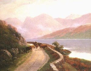 Drover tehenekkel a Buttermere-tónál, este alkotó: H.R. Hall