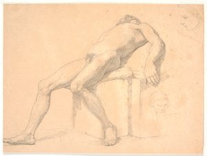 Férfi meztelen fekvő modell vizsgálata. T.h. két portréfej, az egyik talán Constantin Hansen