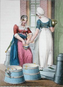 Egy amszterdami szolga és egy helyi tejeslány, illusztráció a "Collections des Costumes des Provinces Septentrionales du Royaume des Pays Bas..." című, Villeneuve által metszett kötetből. alkotó: H. (after) Greeven