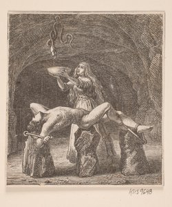 Sigyn a kígyó és Loki közé tartja a tálat alkotó: H. C. Henneberg