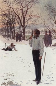 Henri mozdulatlanul állt és pisztolyával eltakarta az arcát, és várt (színes litho)