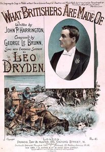 A John P. Harrington által írt és George le Brunn által komponált "What Britishers Are Made Of" (színes litográfia) zenei borítójának előlapja.
