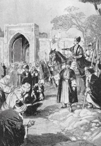 Bokhara megnyitja kapuját a mongol Ogodai kán előtt, Kr. u. 1231 (litográfia) alkotó: H. M. (after) Burton