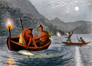 Fáklyafényben halászó indiánok Észak-Amerikában, 1813