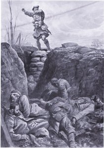 Brown közlegény (Gordon Highlander) egy barikád tetejéről bombázza az ellenséget egy német lövészárokban. (litho)