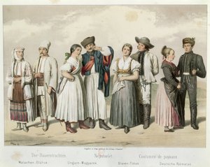 Romániai, magyar, szlovák és német parasztok viselete, Gabriel de Pronay „Esquisses de la Vie Populaire en Hongriche” című művéből, 1855 alkotó: H. Veber