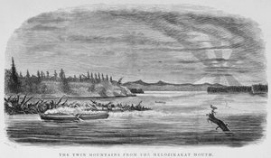 Az ikerhegység a Melozikakat-torkolatból, az „Alaska and its Resources”-ból, William H. Dall, vésette John Andrew, pub. 1870