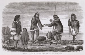 Tuski and Mahlemuts Trading for Oil, az "Alaska and its Resources"-ból, William H. Dall, metszette John Andrew, pub. 1870