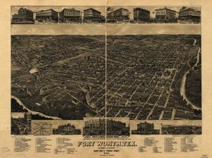 A perspektivikus térkép nem méretarányosan készült. Madártávlat. LC Panoramic maps (2. kiadás), 910 Raszterképként is elérhető a Library of Congress webhelyén. Tartalmazza az ábrát, az érdekes helyek indexét és a Fort Worth vasúti létesítmények térképét. A alkotó: H. Wellge