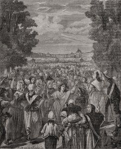 A nők menetelnek Versailles-ban, 1789. október 5-6., Pannemaker-Ligny metszete, Louis Blanc (1811-82) „Histoire de la Revolution Francaise” című művéből