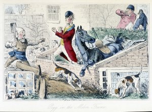 Harc egy gazda és egy vadász között. Angol karikatúra a rókavadászatról „Thomas Scott vagy Hawbuck Grange kalandjaiból”, illusztráció: H.K. Browne és W.T. Maud. alkotó: Hablot Knight Browne
