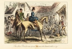 A vadászok és a nők nézik, ahogy a rókakutyák vadászat előtt kiengedik a karámból alkotó: after Hablot Knight Browne