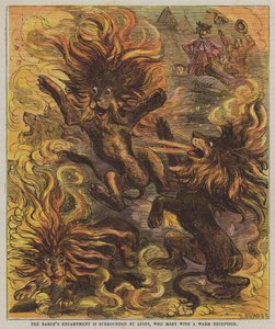 A báró táborát oroszlánok veszik körül, akik meleg fogadtatásban részesülnek (színes litho) alkotó: after Hablot Knight Browne