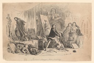 Műtermében Henry Gowan visszatartja kutyáját, amely éppen felismerte Rigaud bűnözőt alkotó: Hablot Knight Browne