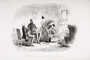 Mr. Smallweed megtöri a béke csövét, Charles Dickens (1812-70) „Bleak House” című illusztrációja, 1853-ban megjelent alkotó: Hablot Knight Browne