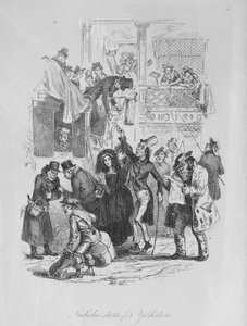 Nicholas Yorkshire-be indul, illusztráció Charles Dickens (1812-70) "Nicholas Nickleby" című művéből, 1839-ben megjelent (litho)