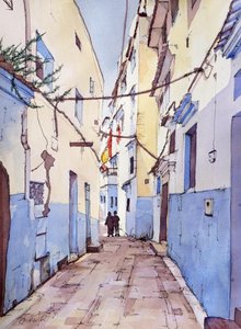 Csendes séta, Chefchaouen, Marokkó, 2024 körül (akvarell és tus)