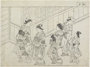 Öt prostituált egy ház előtt, 1770-es évek eleje (fanyomat) alkotó: Hanabusa Shigenobu
