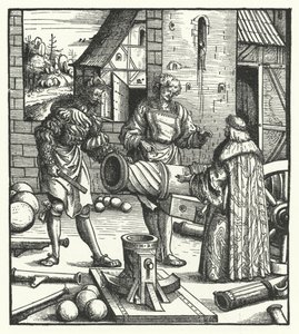 Maximilian osztrák főherceg fegyverkovácsoknak ad tanácsot (metszet) alkotó: Hans (after) Burgkmair
